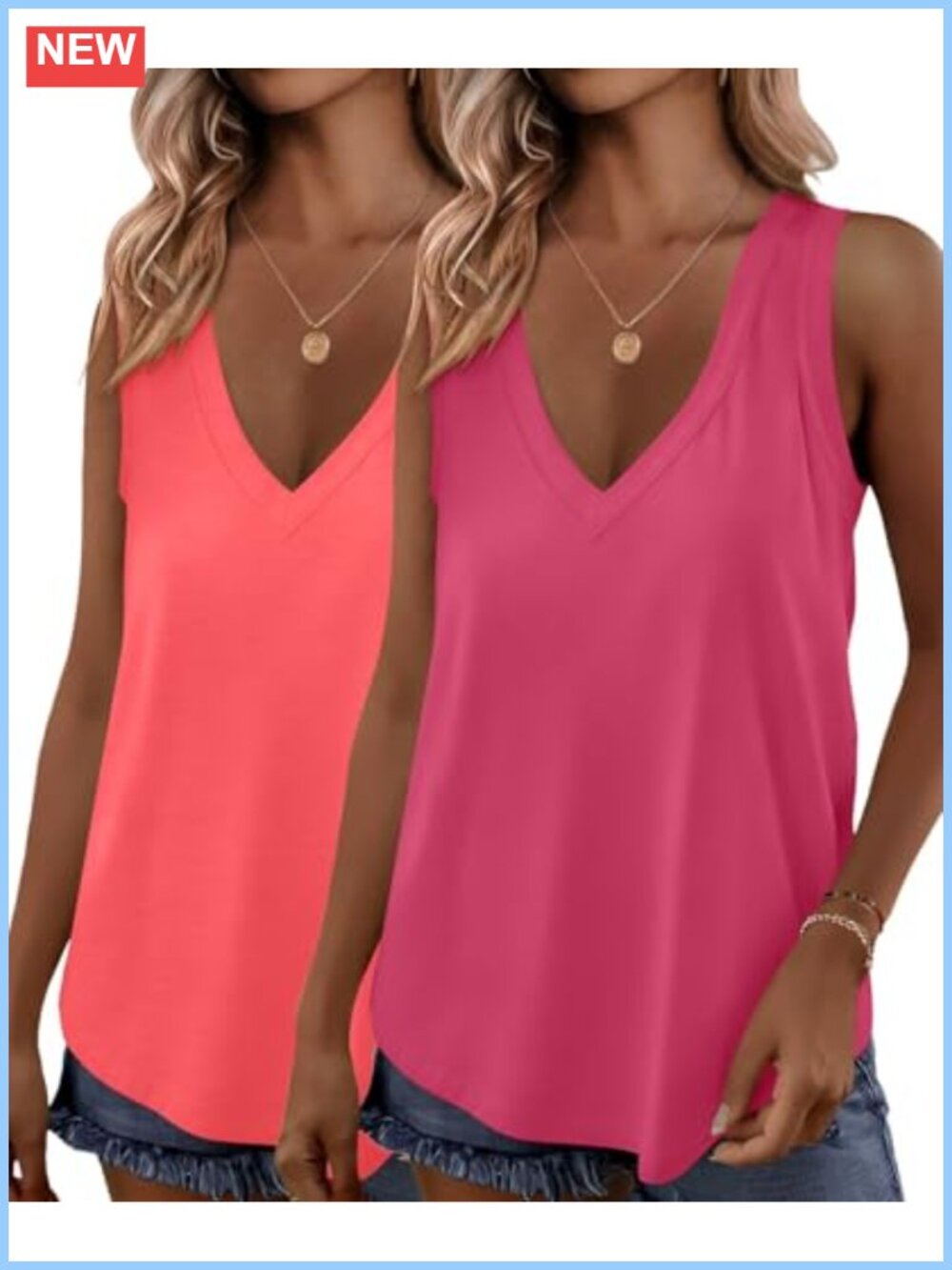 Womens V Neck Sleeveless Loose Fit Flow Tank Tops 2 Pack Summer